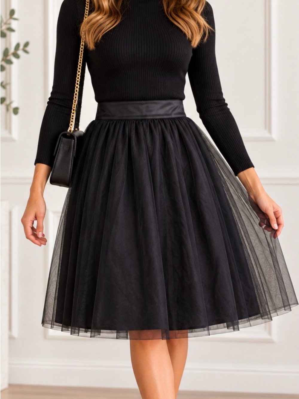 Alexandra Grecco Black Tulle Midi Skirt Satin Waist Size 8